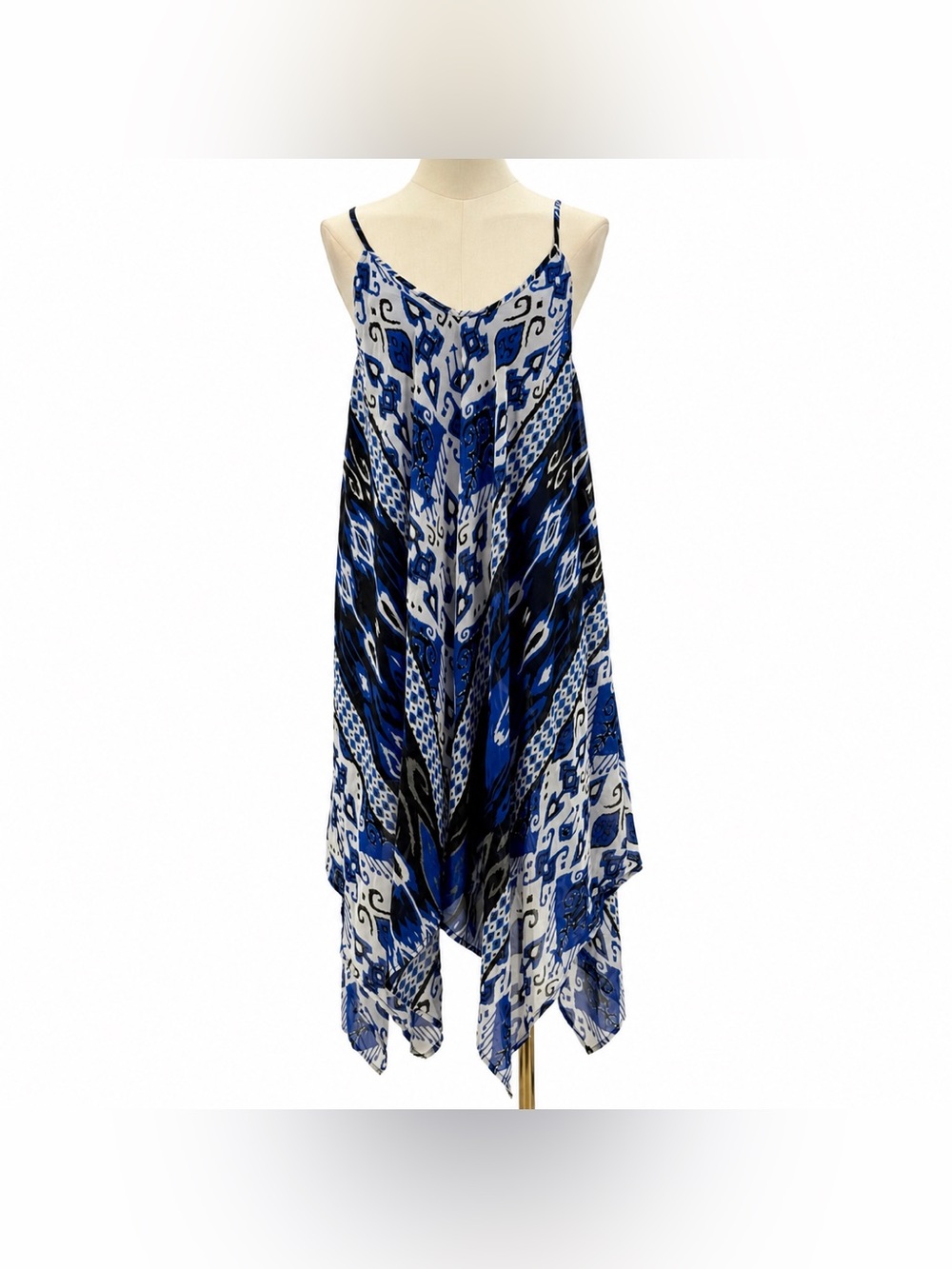 Japna Blue White Boho Handkerchief Hem Dress Sleeveless Flowy Midi Sundress SZ S
